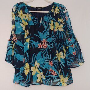 Women's ALYX Polynesian Tiki Hawaiian Floral Sheer w/ solid lining Top Sz Large